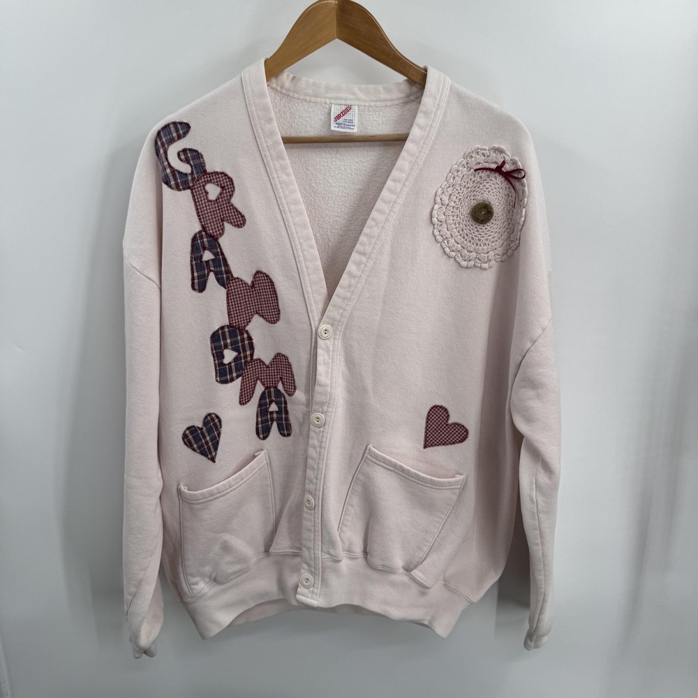 Vtg Jerzees Sweatshirt Womens OS Cardigan Pink Grandma‎ Hearts Cardigan USA 90s